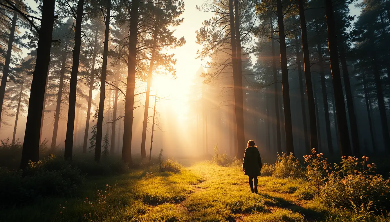 Wide cinematic view of a quiet forest at dawn