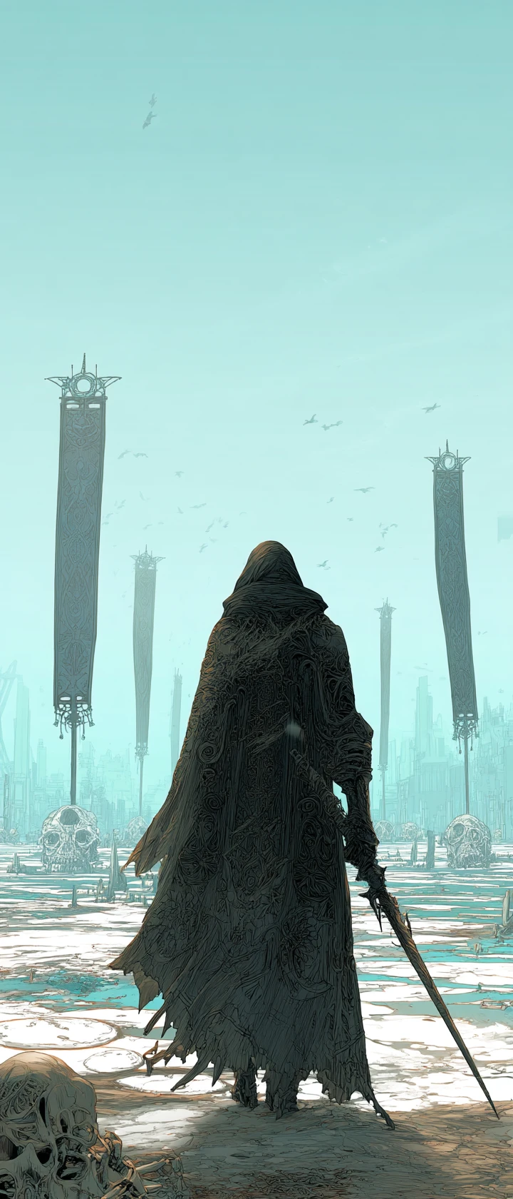 Hooded wanderer in a dragon bone wasteland at twilight