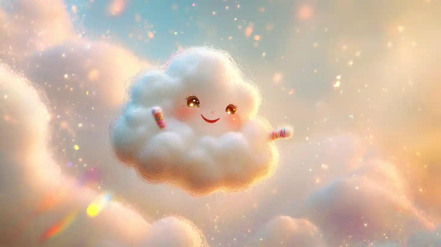 Whimsical embroidered cloud sprite drifting in pastel sky