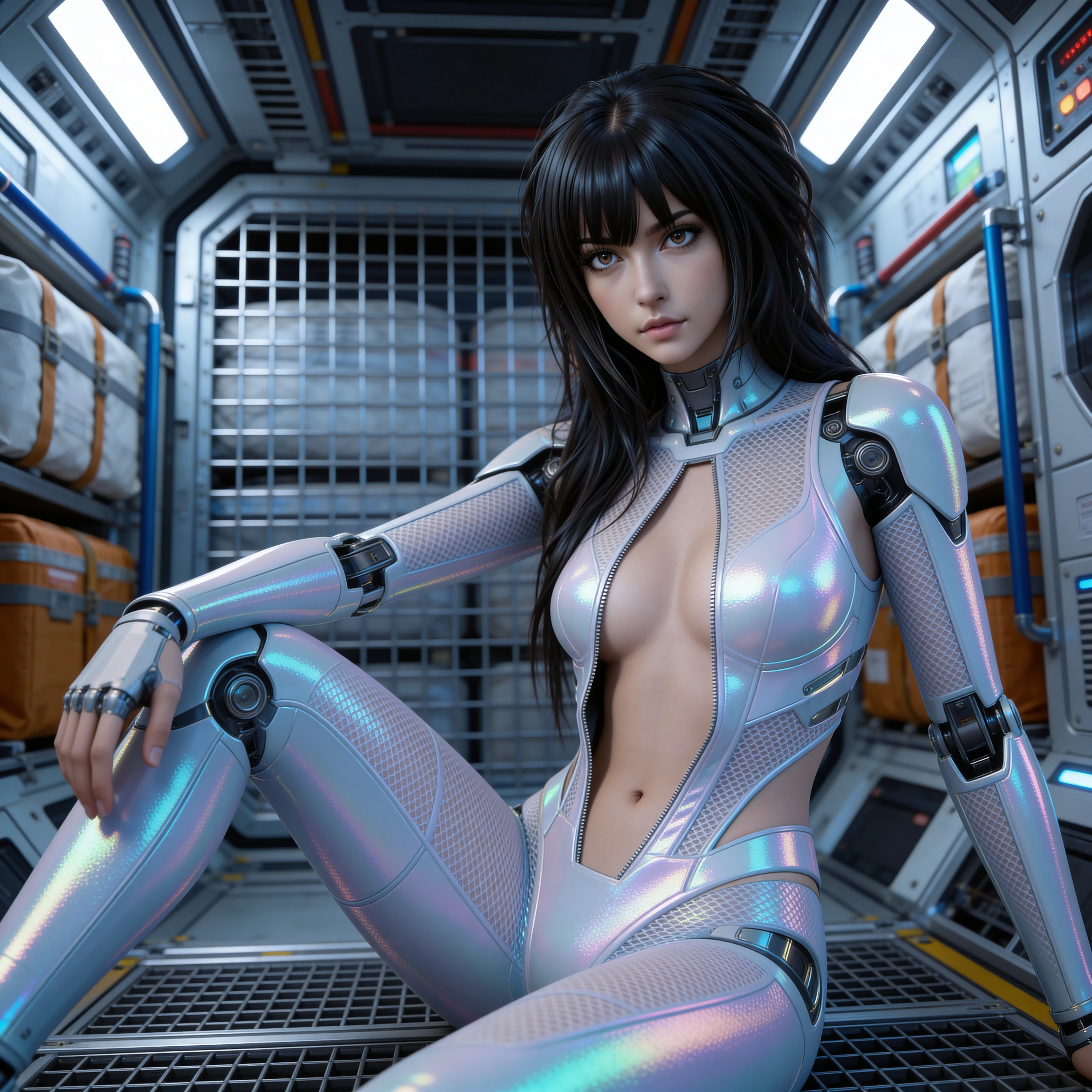 Capitã confiante em exotraje em um hangar de estação espacial