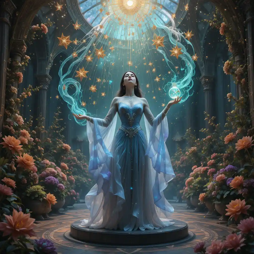 Celestial maiden channeling magic beneath a crystal dome