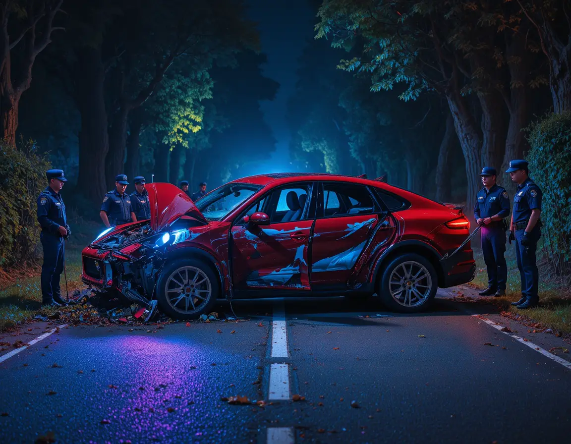 Night police inspect wrecked red sports car on forest road