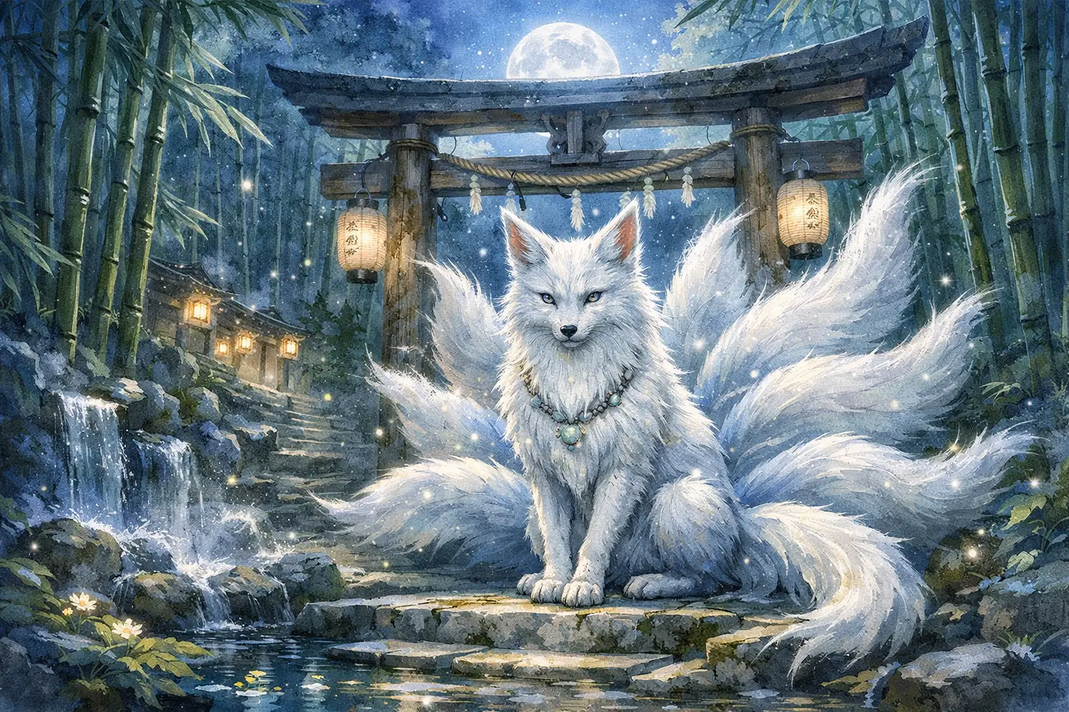 Kitsune Guardian At Moonlit Bamboo Sanctuary Entrance