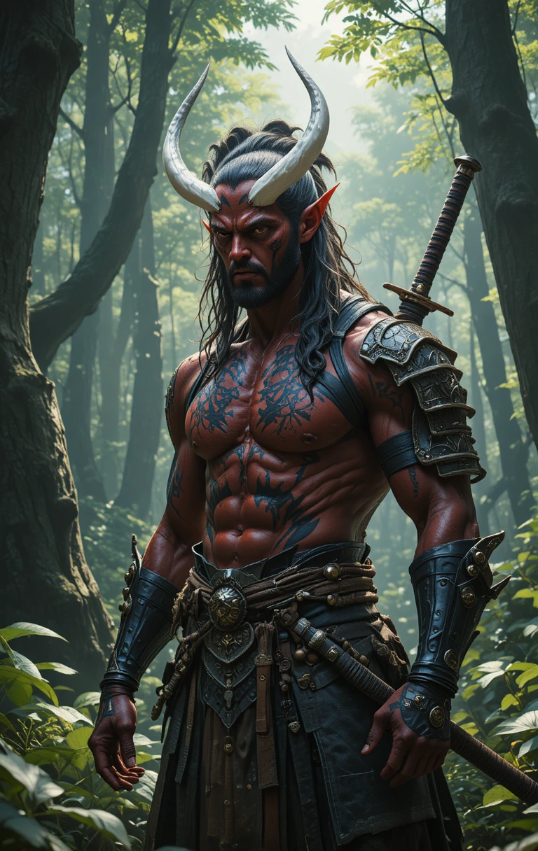 Red demon warrior in samurai armor within a lush forest