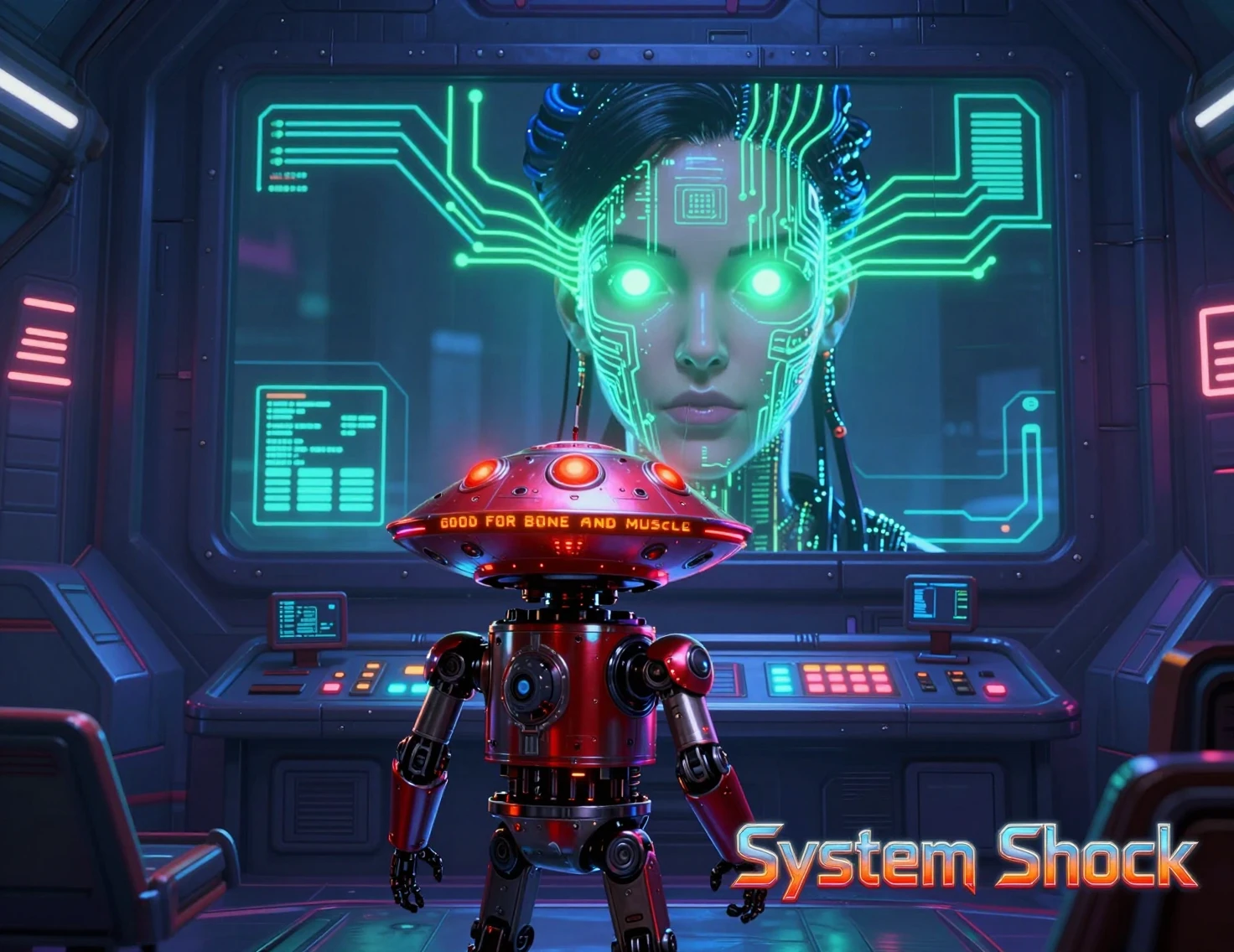 Futuristic robot in front of ominous cyborg AI screen