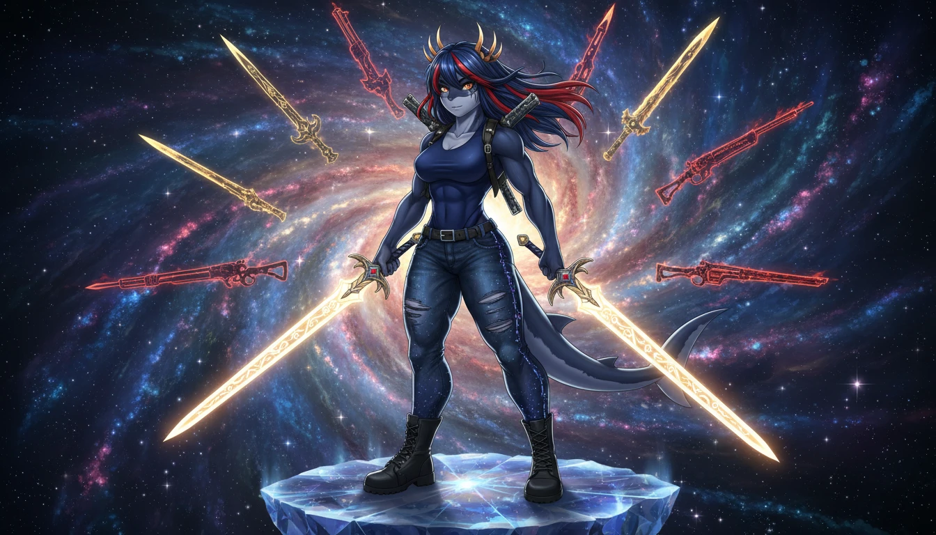 Anthro megalodon warrior woman guarding a cosmic core