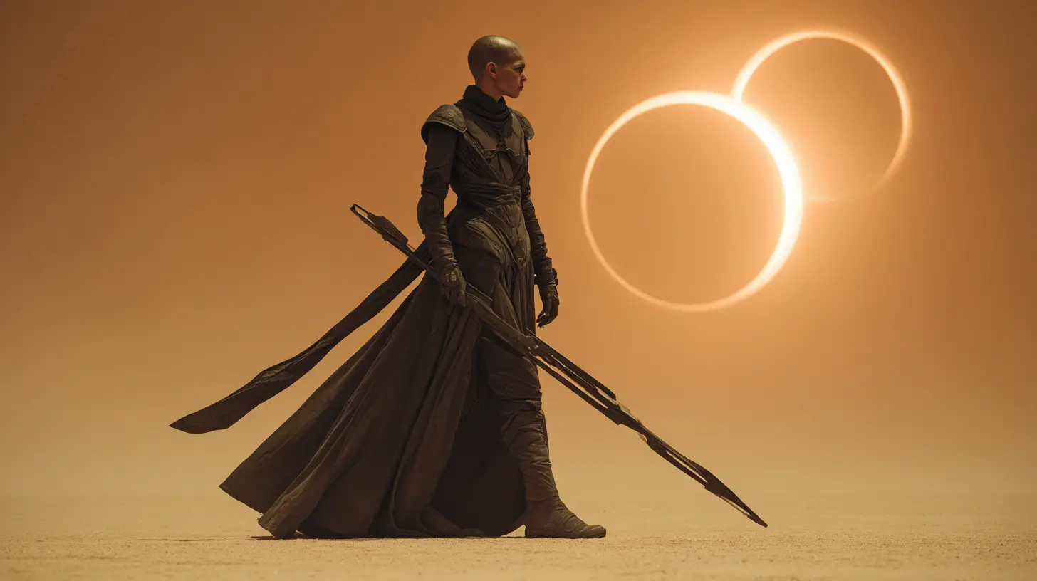 Tall robed priestess with guards on alien desert world