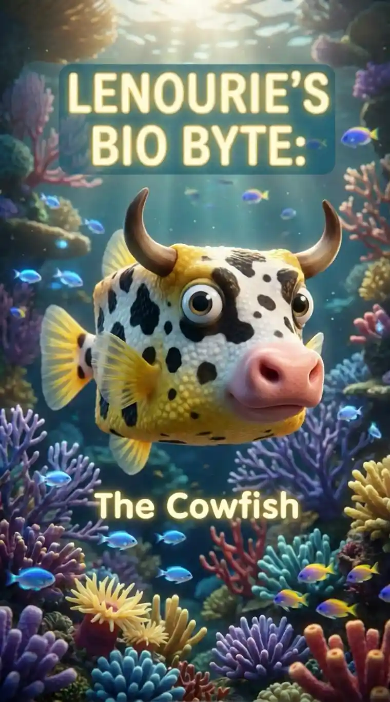 Whimsical 3d cowfish drifting in a bright coral reef