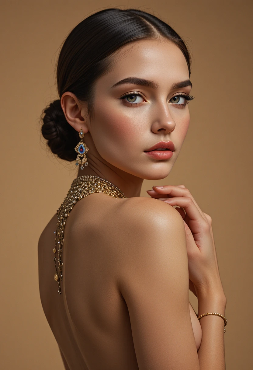 Editorial half length portrait of a woman in warm studio light