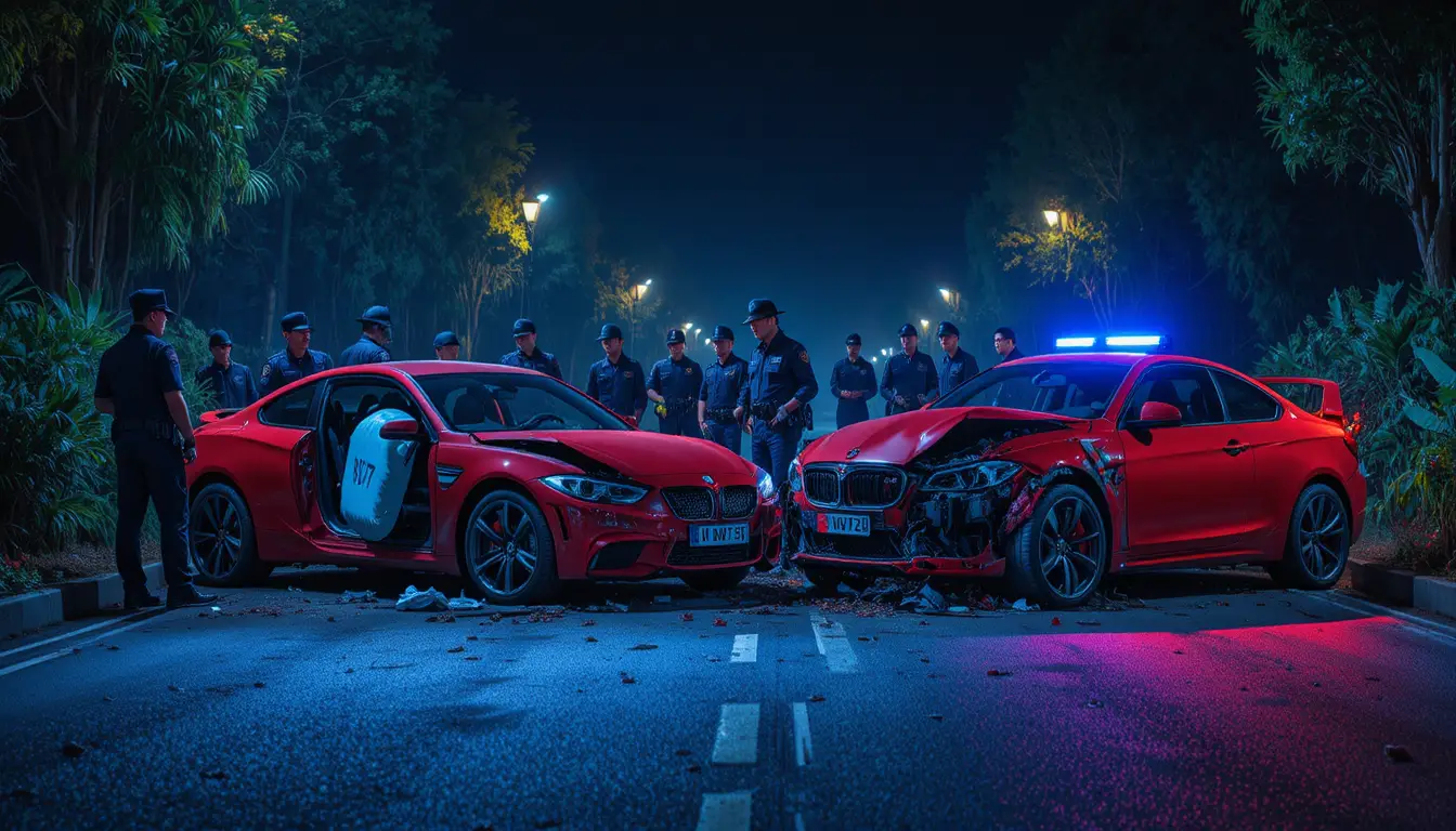 Night crash scene with two red sports cars and police