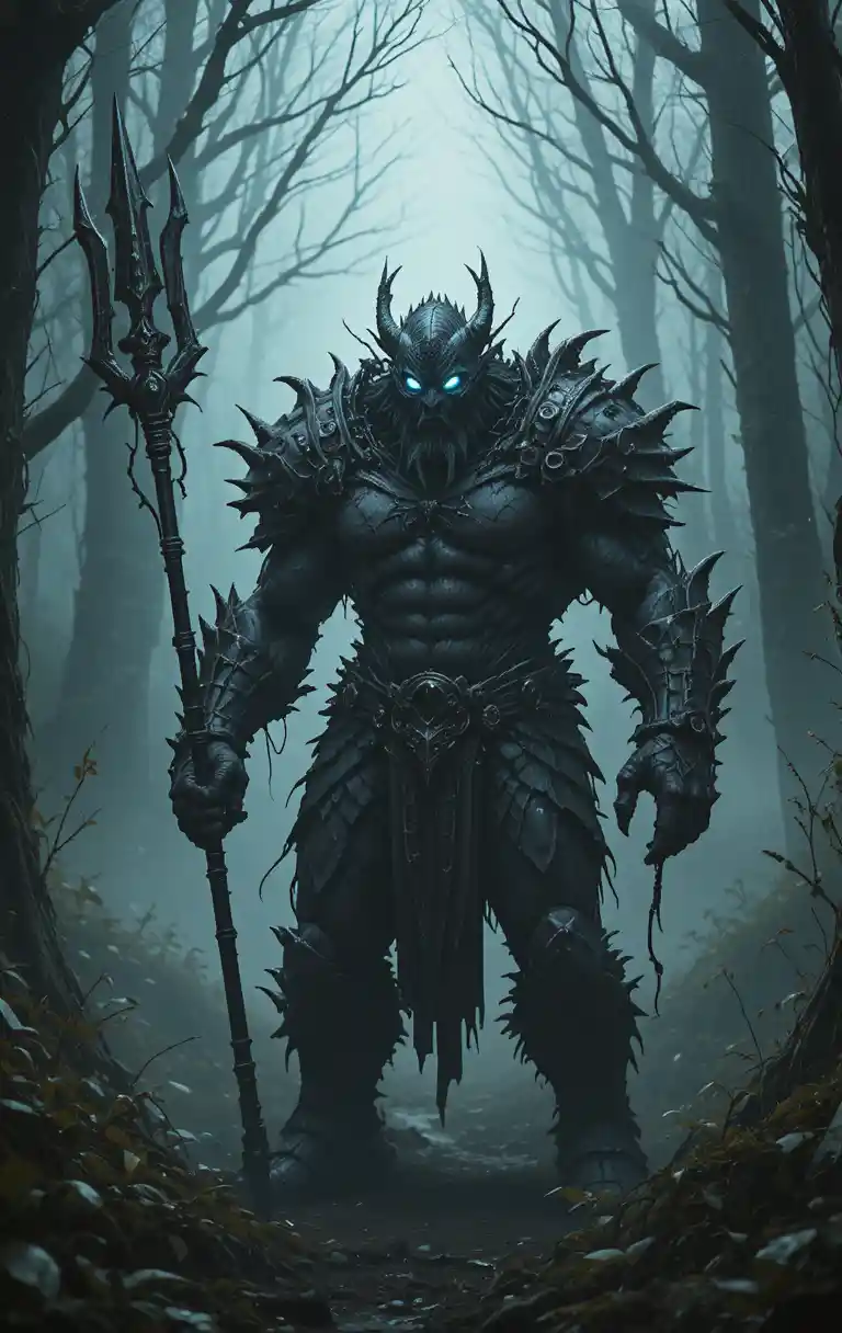 Beastly armored warrior with glowing mask in dark forest