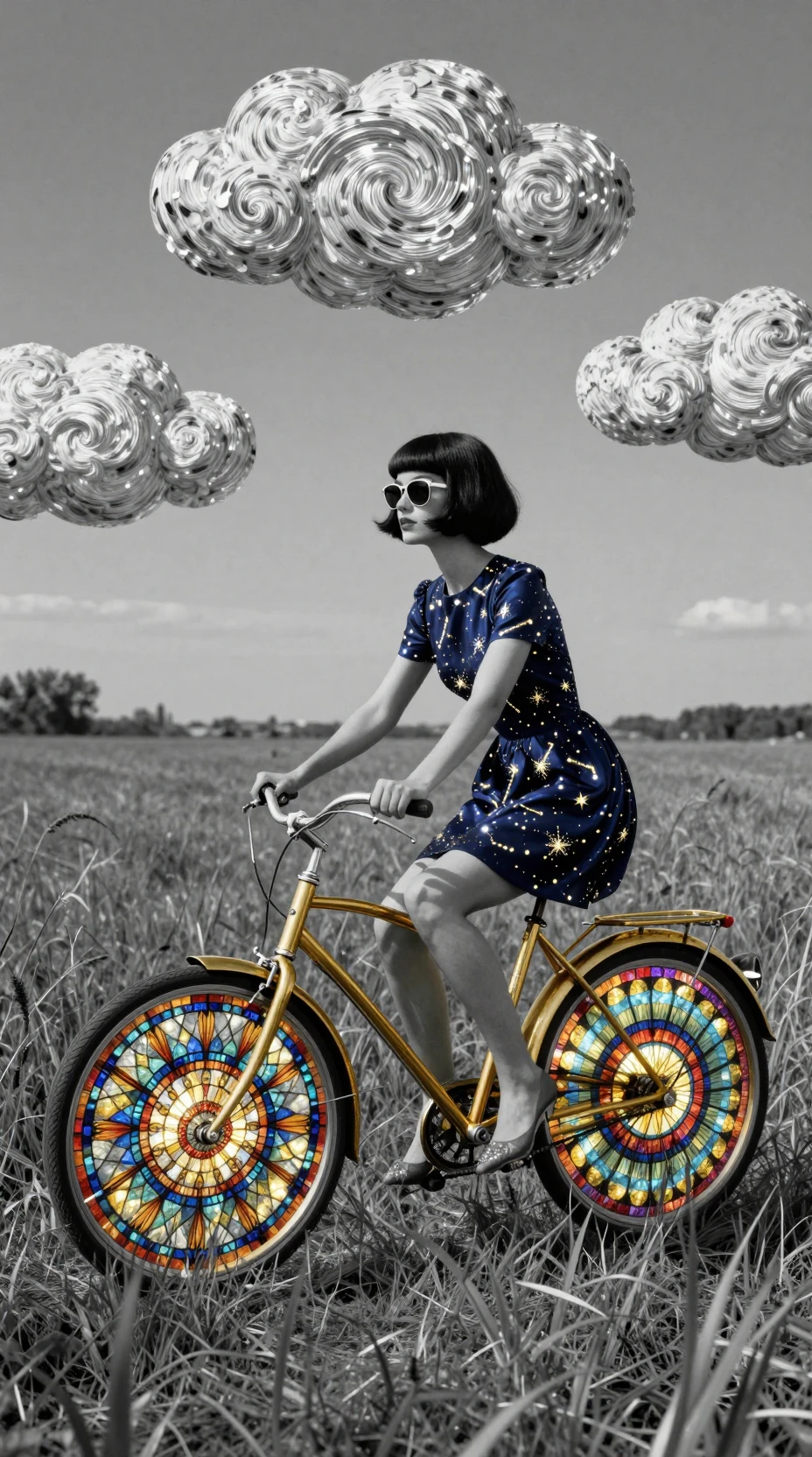 Donna fashion surreale che pedala in un paesaggio onirico monocromatico luminoso