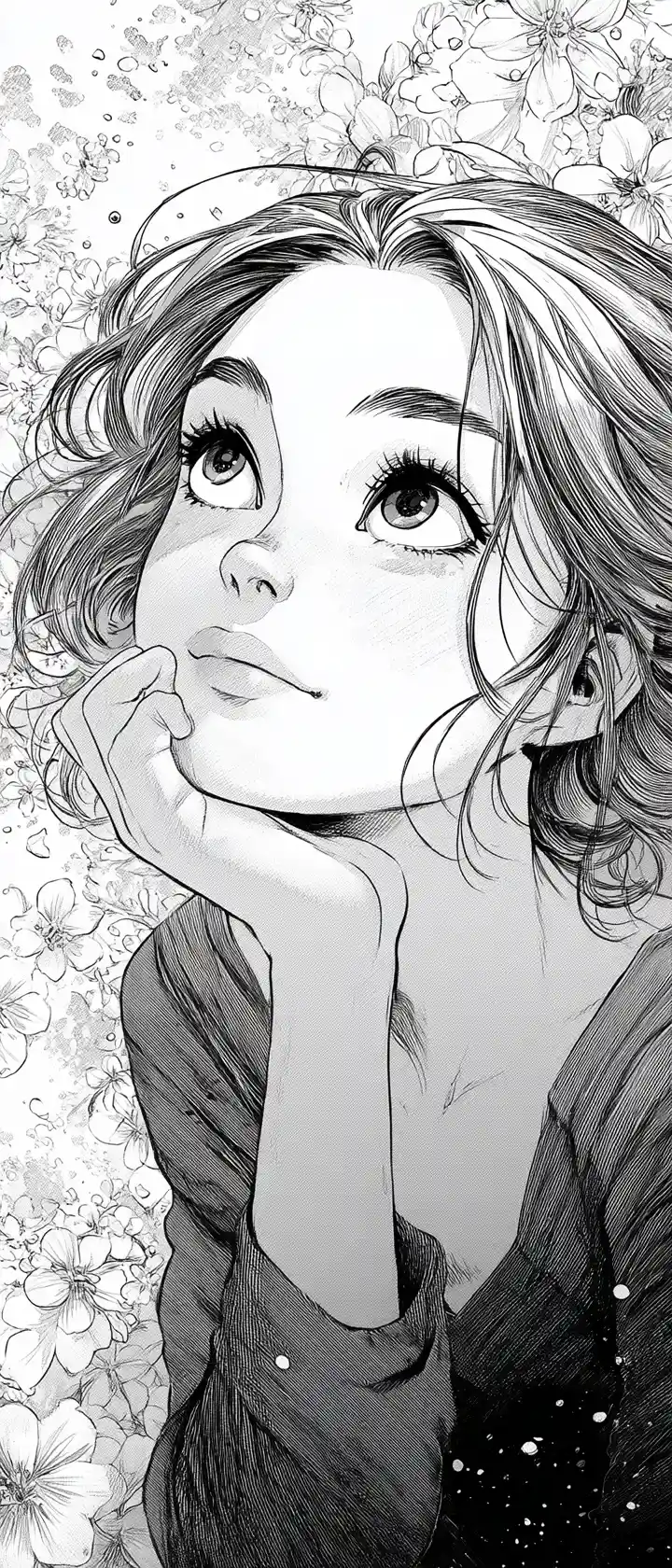 Dreamy manga portrait of a girl among delicate flowers