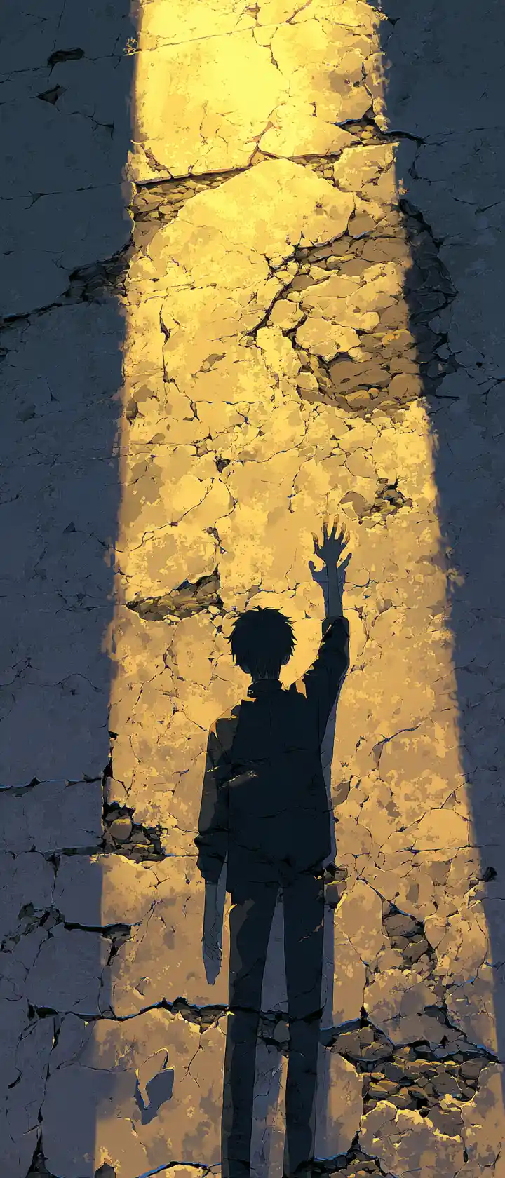 Young man reaching for his fading shadow on wall