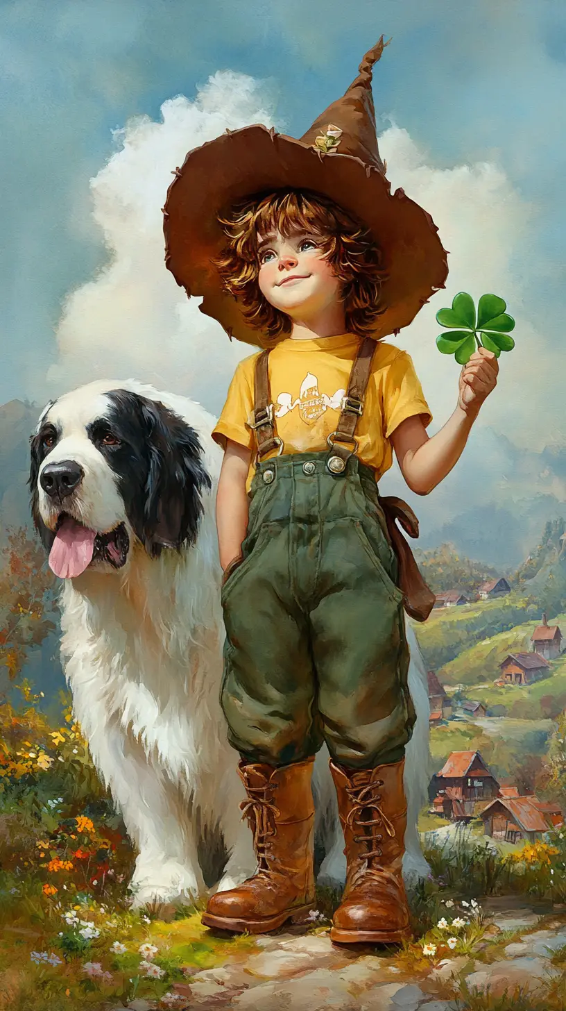 Cute boy with clover and saint bernard in countryside watercolor