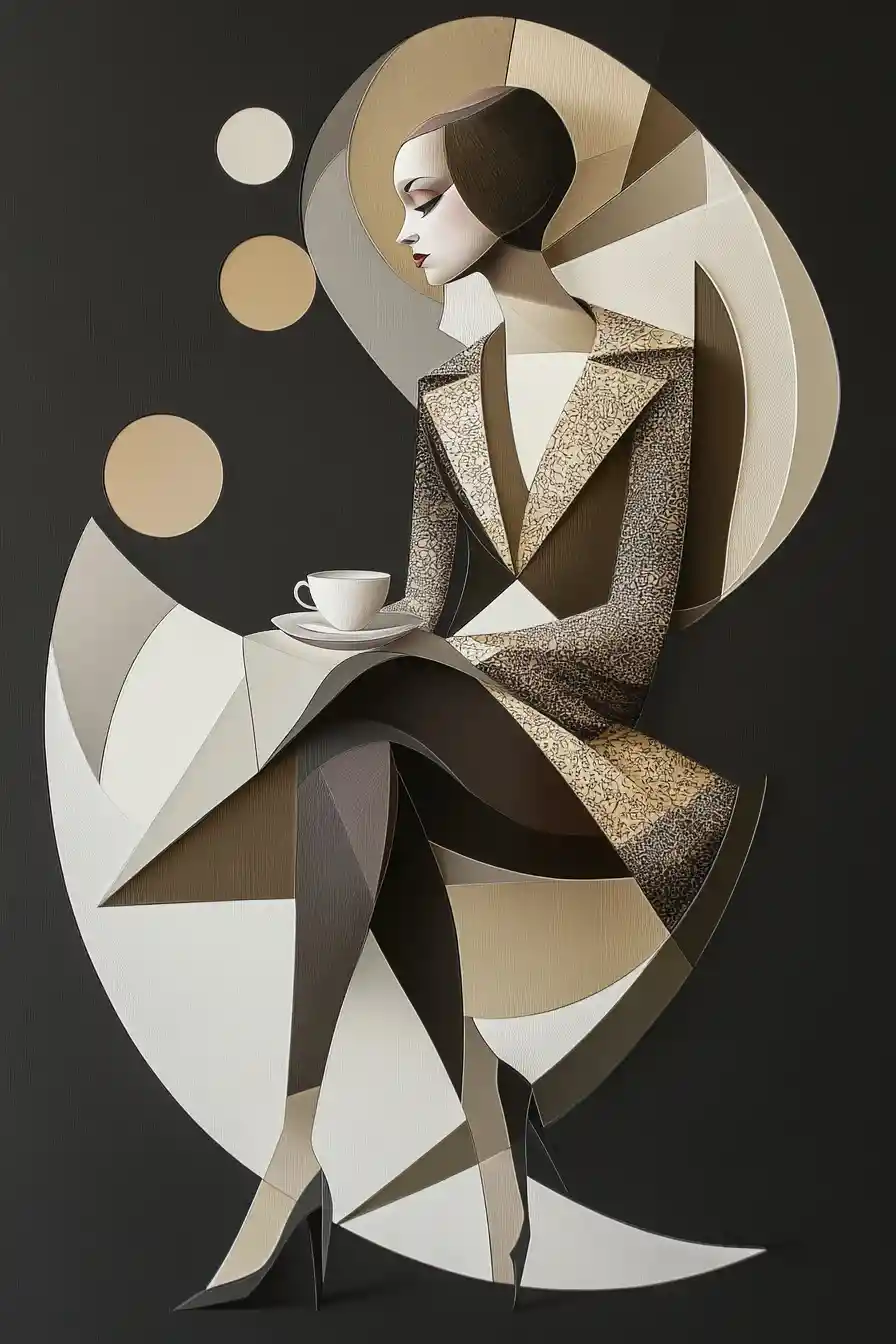 Surreal geometric portrait of a stylish woman with teacup