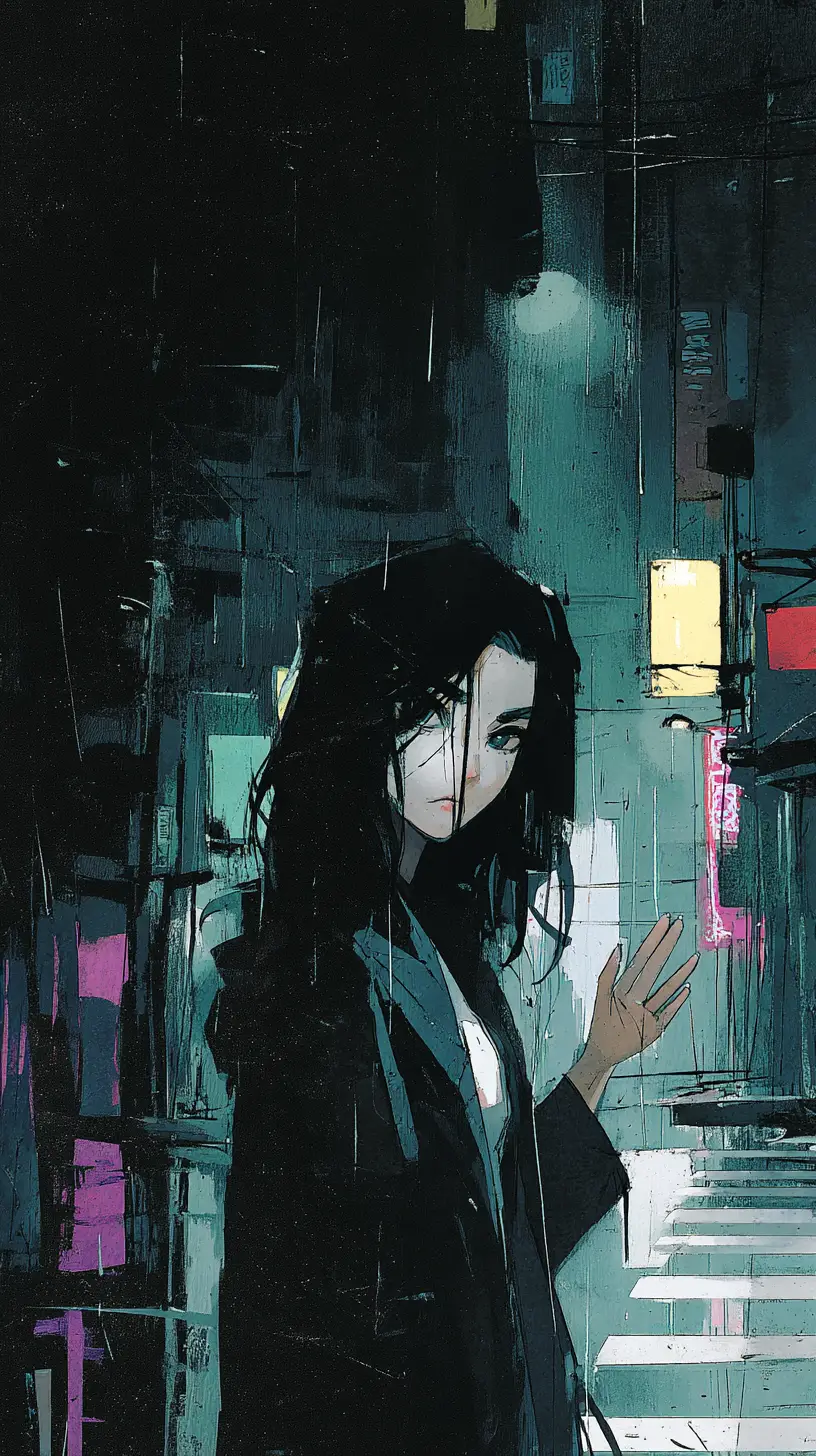 Woman waving on a neon lit rainy city street at night