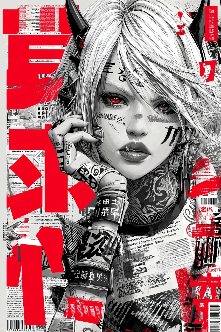 Mujer de manga rebelde con cabello plateado y toques rojos