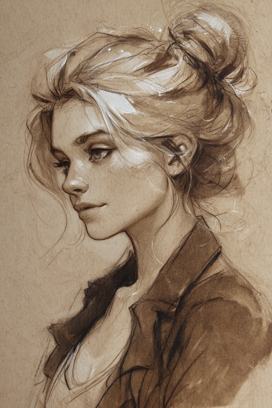 Sketch portrait of a cute girl with bunned hair