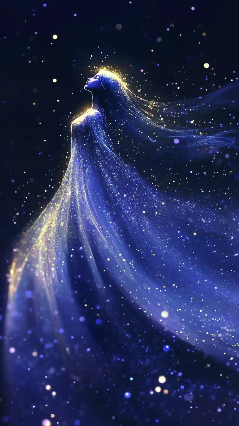Ethereal starfield woman arching in cosmic darkness