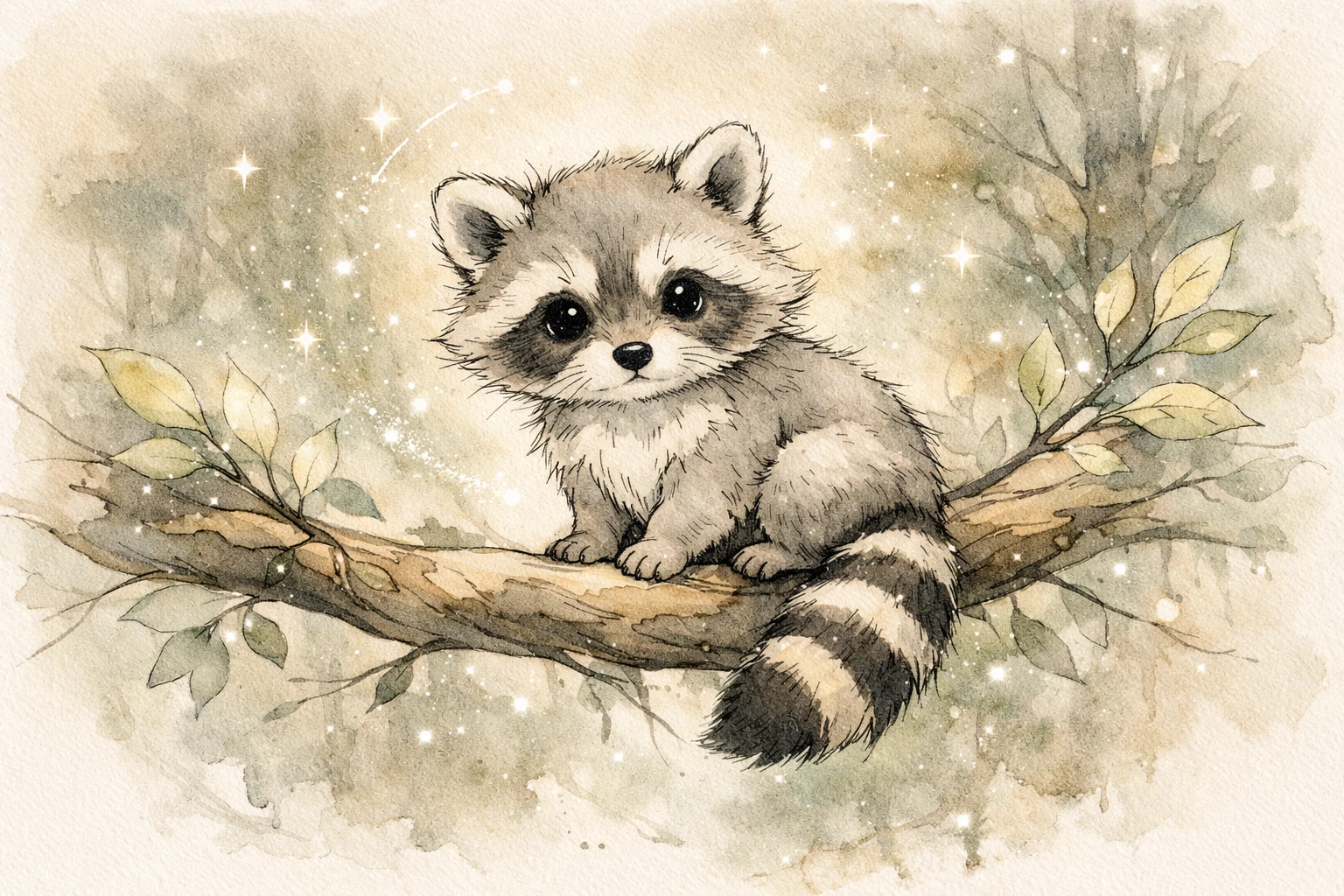 Adorável filhote de guaxinim em galho na floresta mágica em aquarela