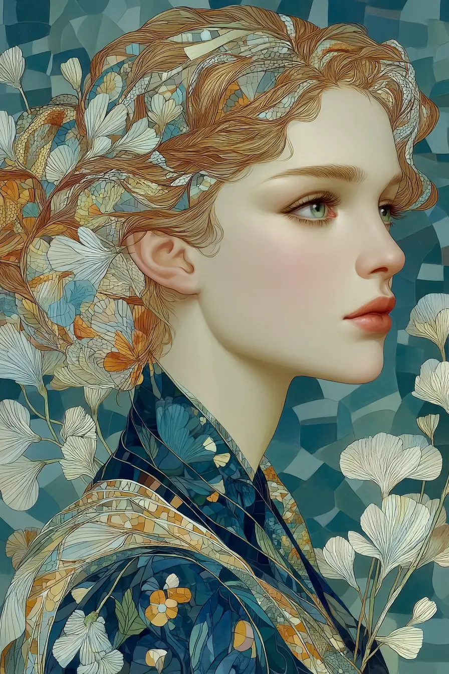 Surreal spring portrait of a young woman in soft colors