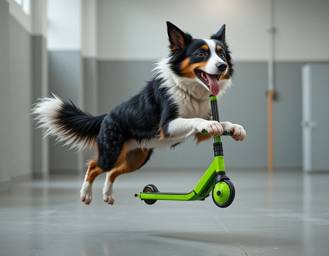 Playful border collie flying on a green kick scooter indoors