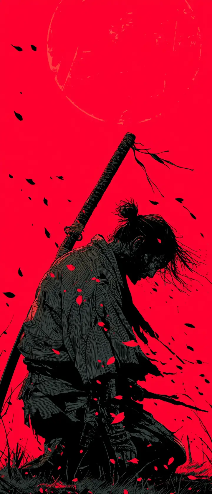 Samurai Warrior Kneeling Alone In A Bloodied Forest