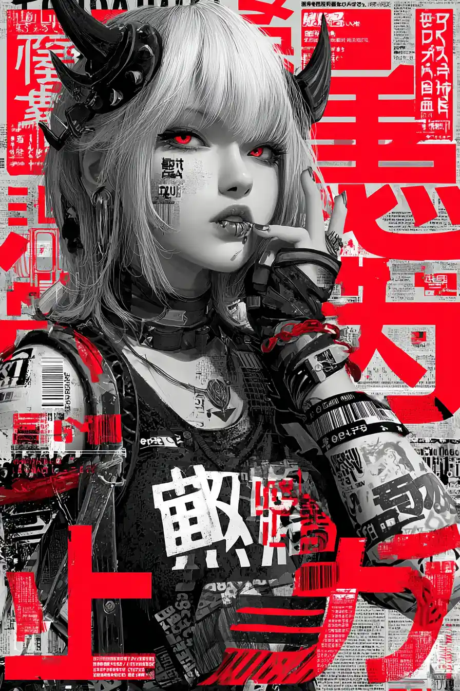 Rebellische Manga-Frau mit Cyberpunk-Tattoos und roten Akzenten