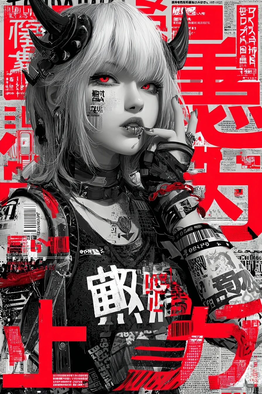 Donna manga ribelle con tatuaggi cyberpunk e accenti rossi