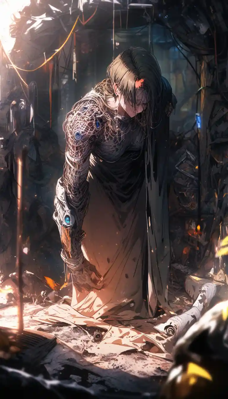 Plus sized worn cyborg woman in grimy sci fi interior
