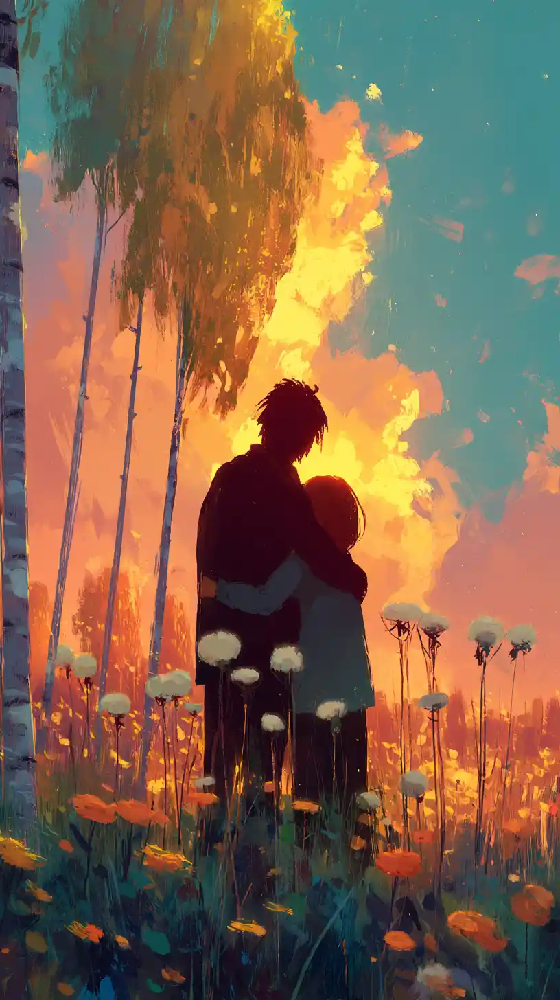 Silhouetted couple embracing in a glowing nordic summer meadow