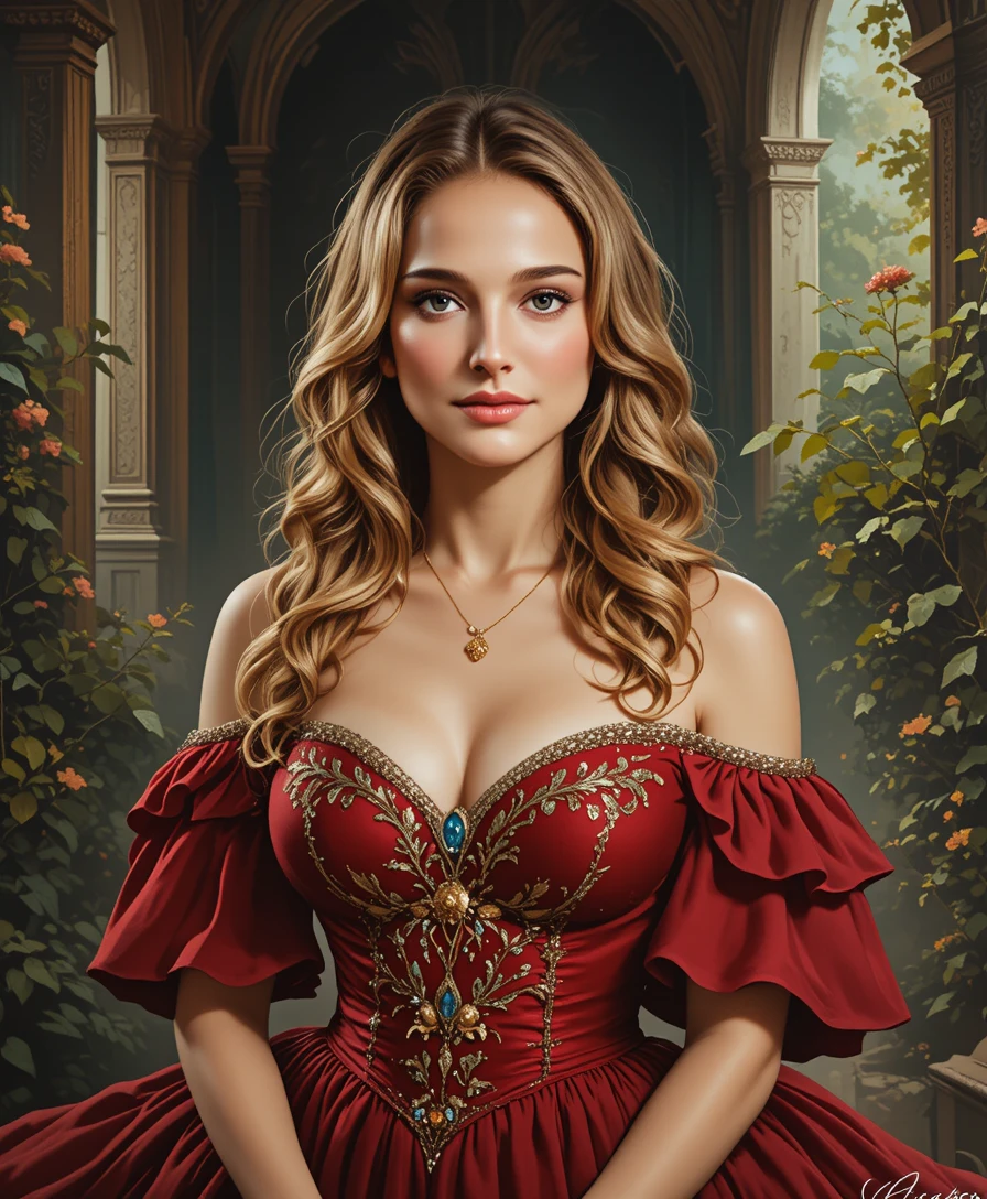 Femme blonde en robe rouge dans un jardin luxuriant - peinture