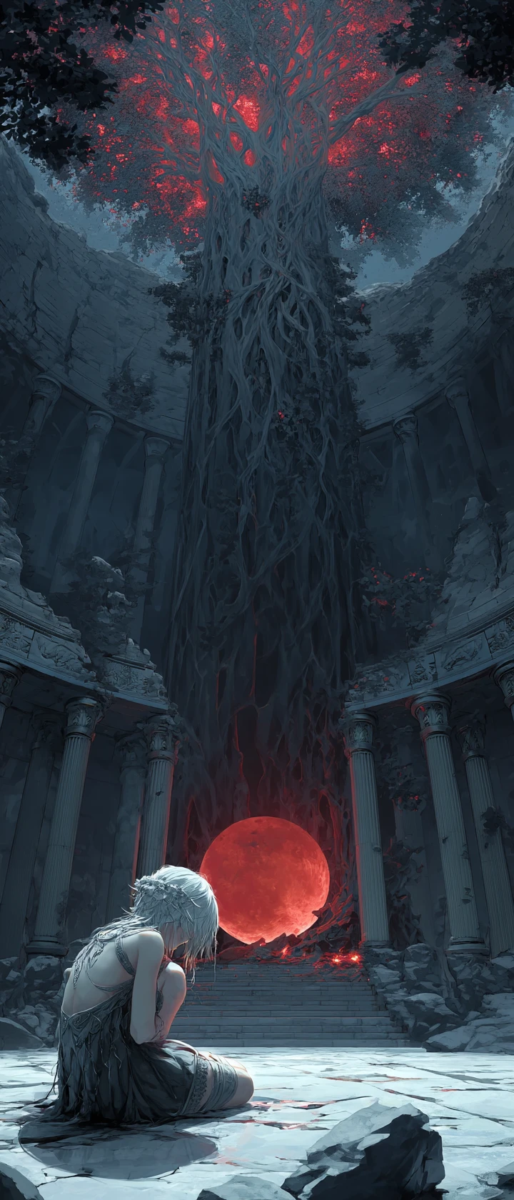 Elven guardian kneeling before a colossal dying world tree
