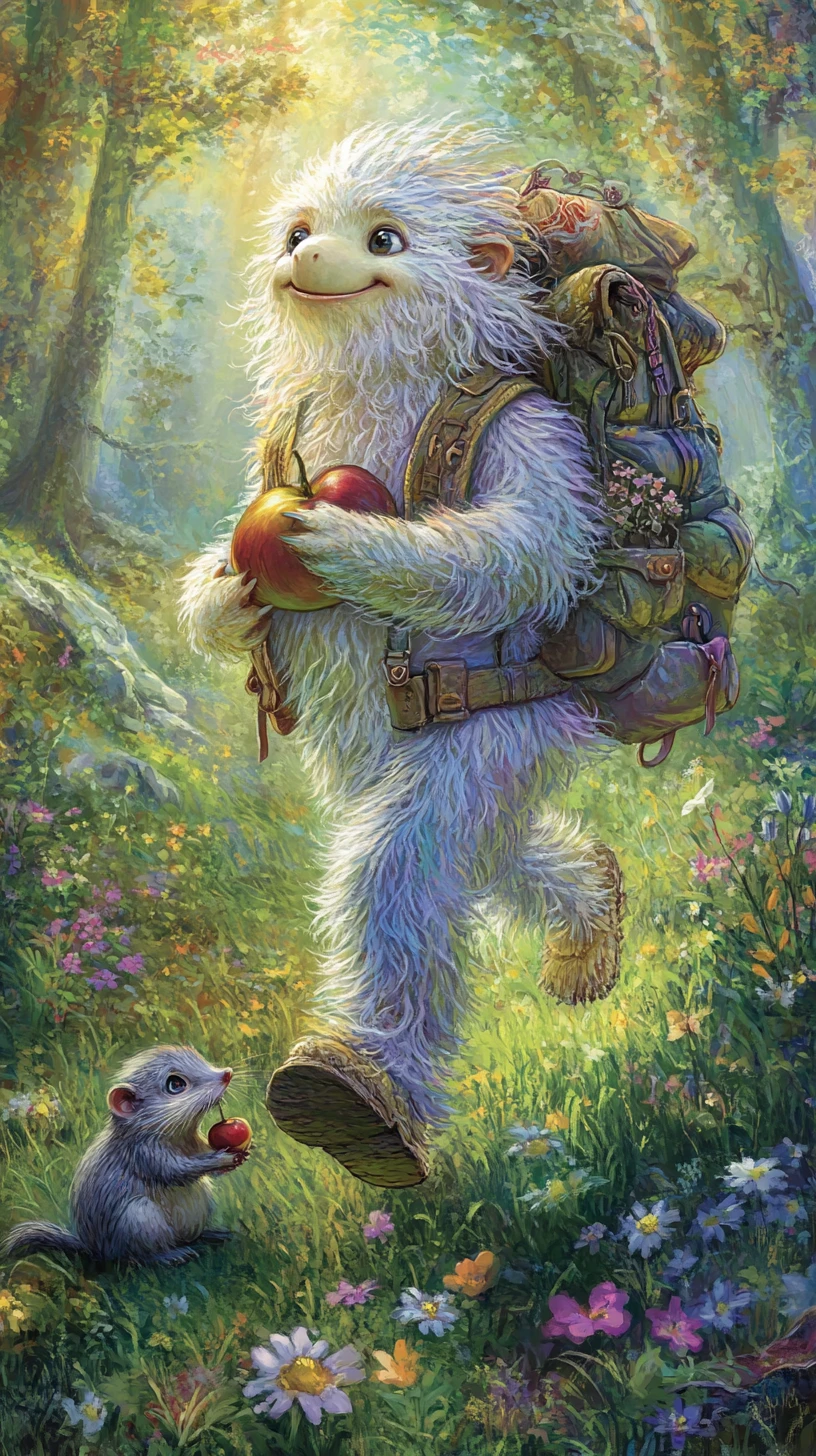 Yeti alegre saltitando por um prado ensolarado cheio de flores silvestres
