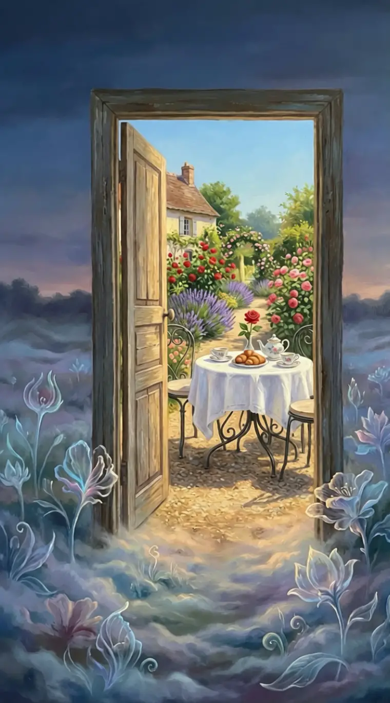 Surreal wooden door opening to a sunlit French garden