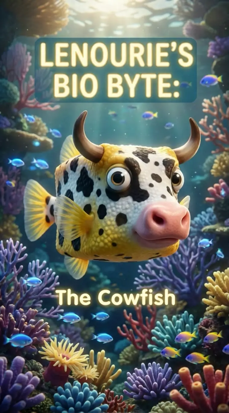 Whimsical 3d cowfish drifting in a bright coral reef