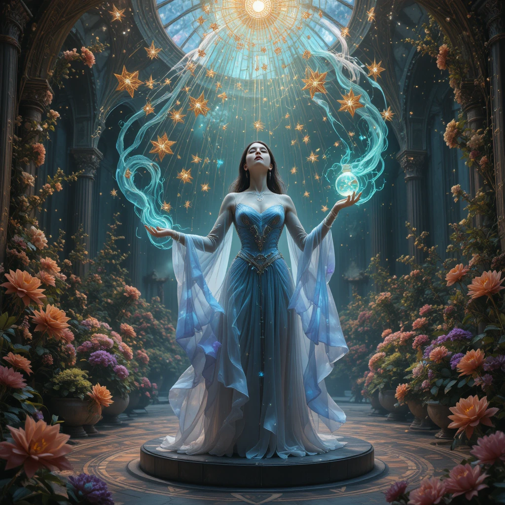 Donzela celestial canalizando magia sob uma cúpula de cristal