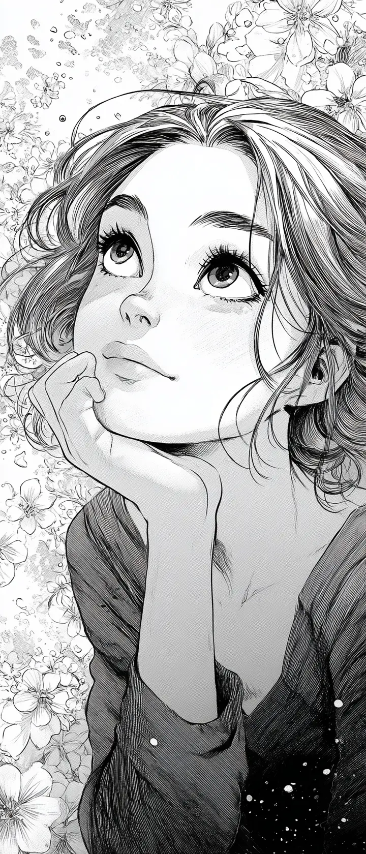 Dreamy manga portrait of a girl among delicate flowers