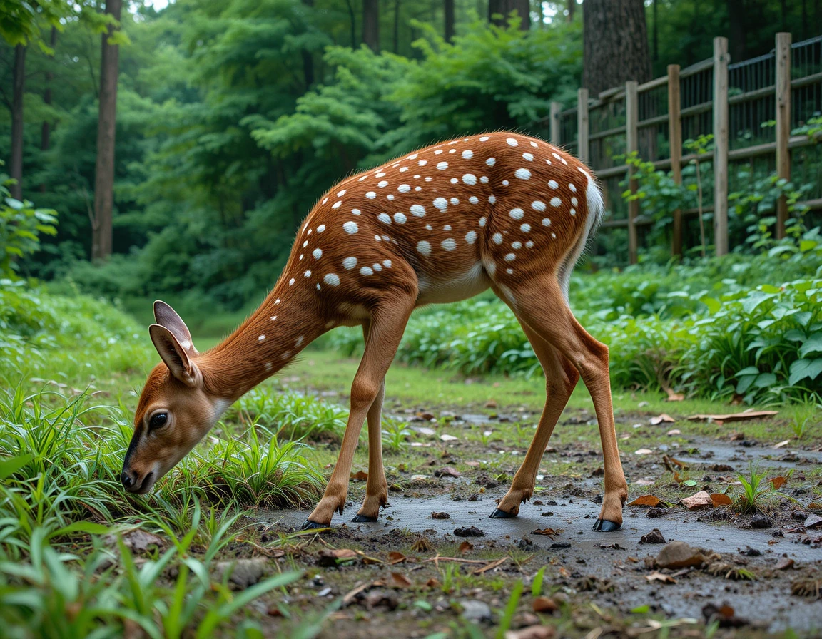 Jovem veado-sika pastando junto a uma poça lamacenta na floresta