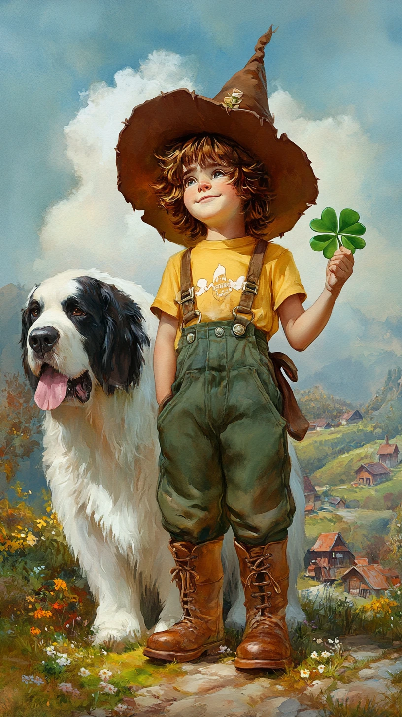 Cute boy with clover and saint bernard in countryside watercolor