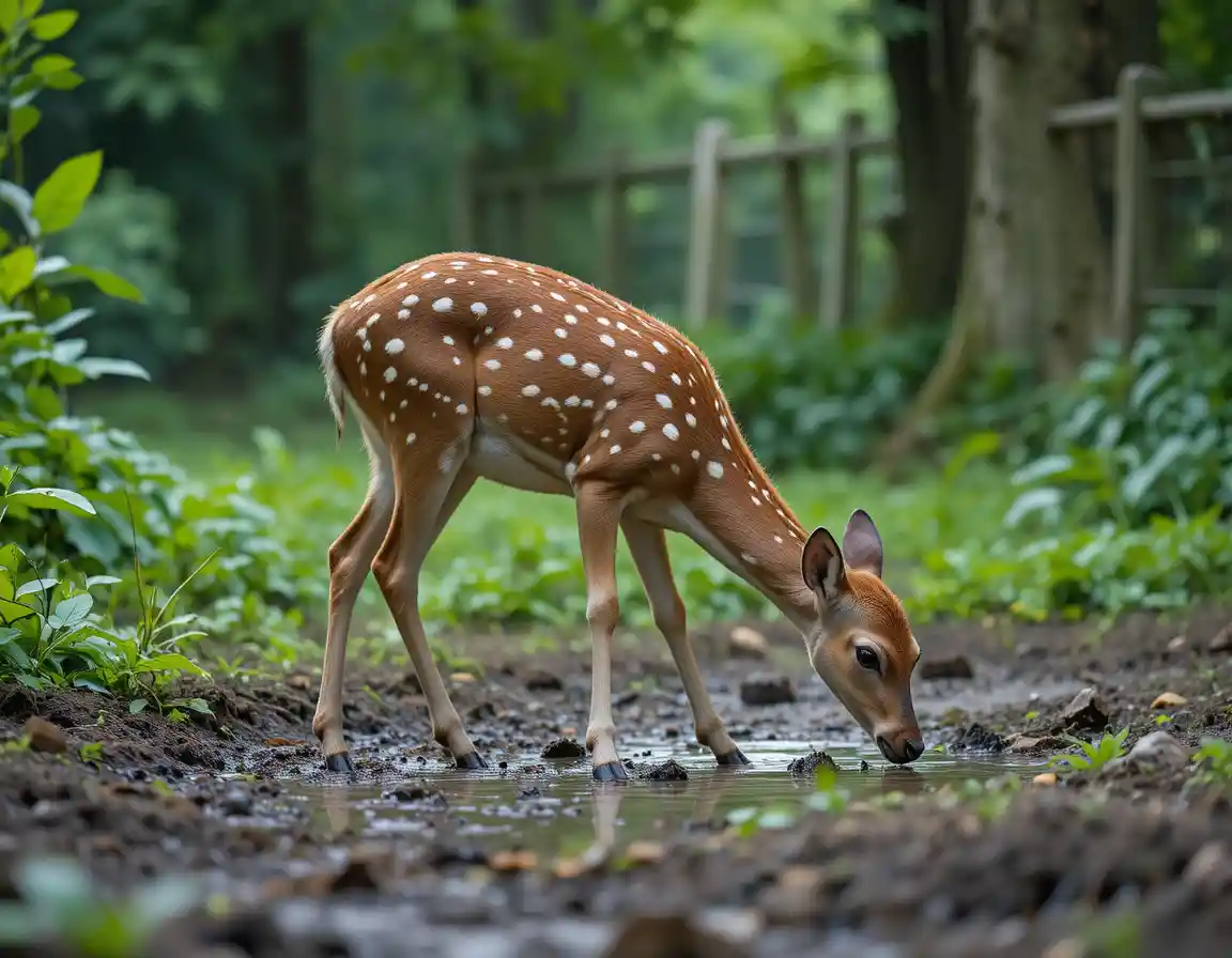 Junger Sikahirsch, der neben einer schlammigen Pfütze im Wald weidet