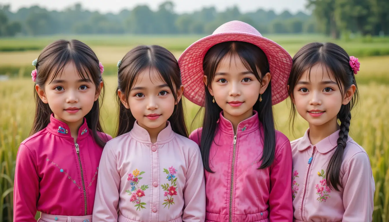 Four young vietnamese girls standing by green rice fields