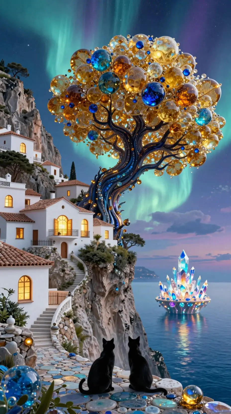 Mediterranean cliffside with glass beaded villas at night