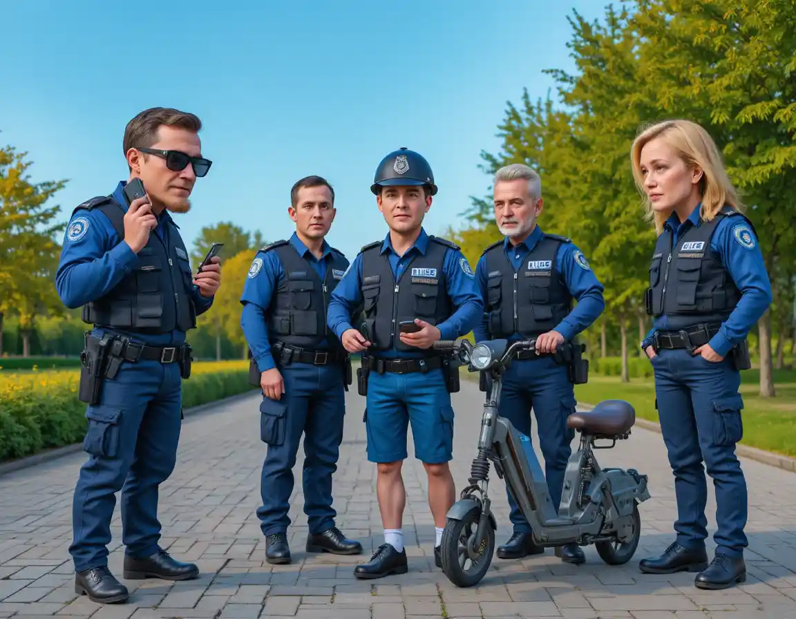Polizisten überprüfen Handys neben gestopptem E‑Scooter