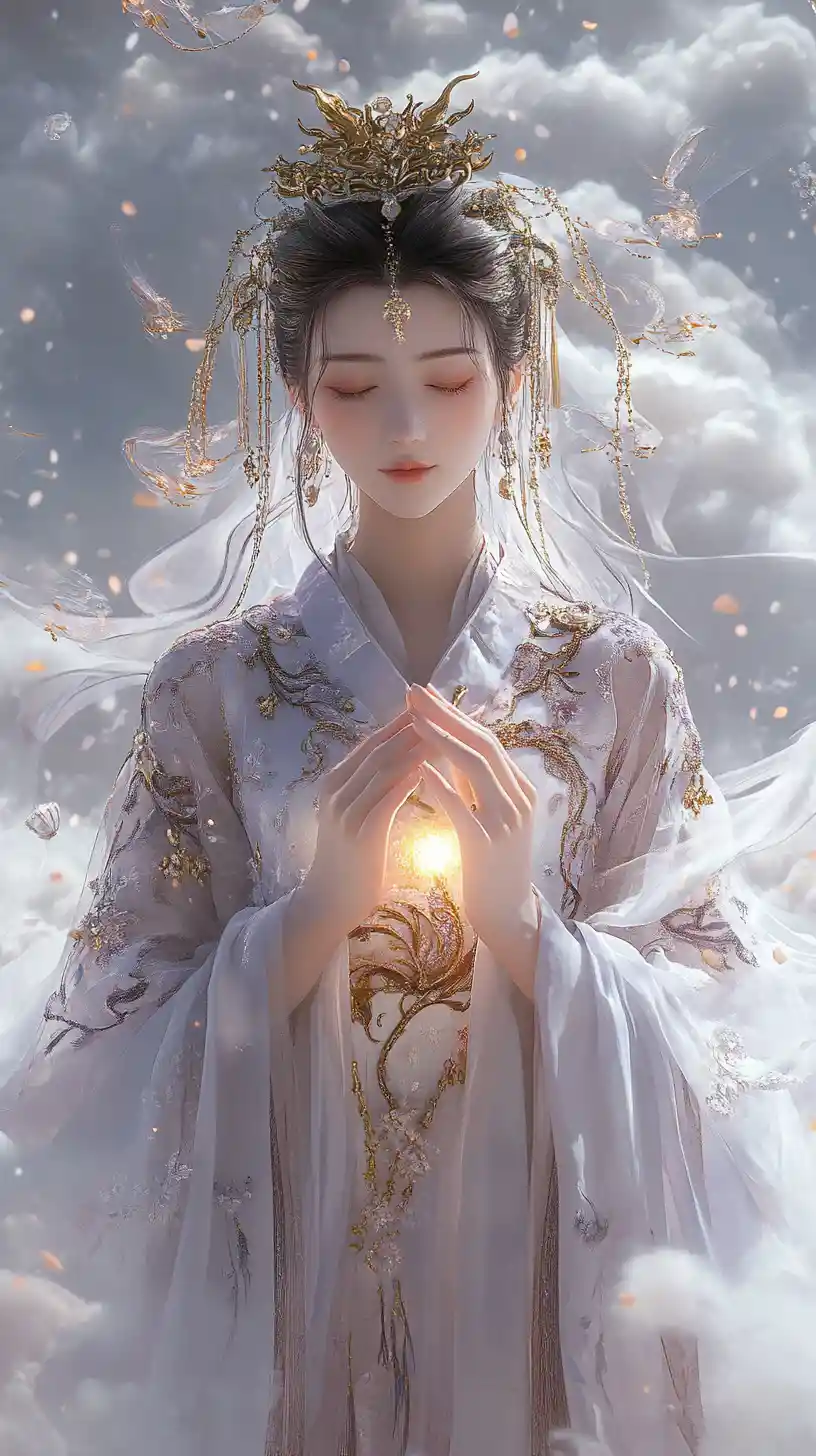 Celestial goddess in luminous hanfu above swirling clouds