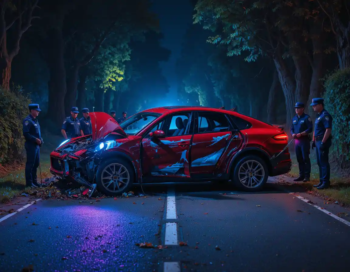 Night police inspect wrecked red sports car on forest road