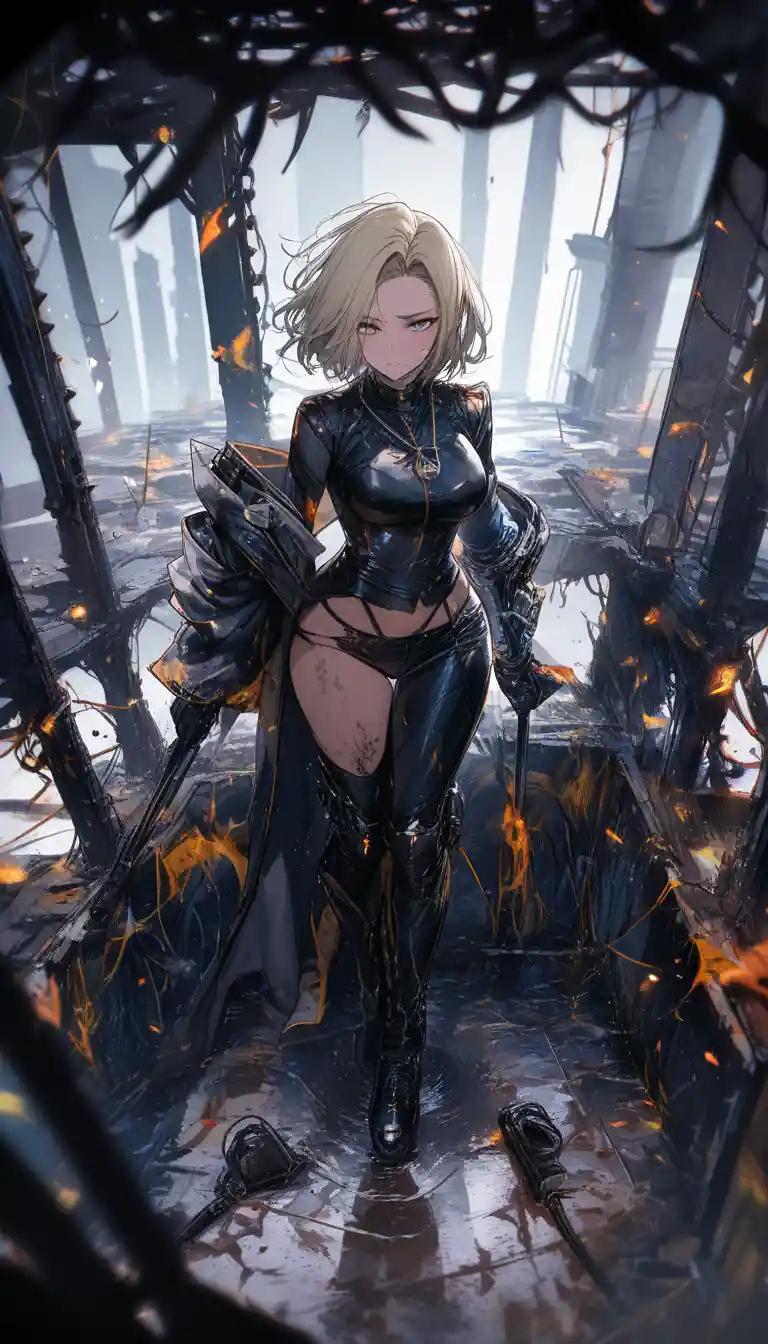 Plus sized cyborg woman in messy stained sci fi room