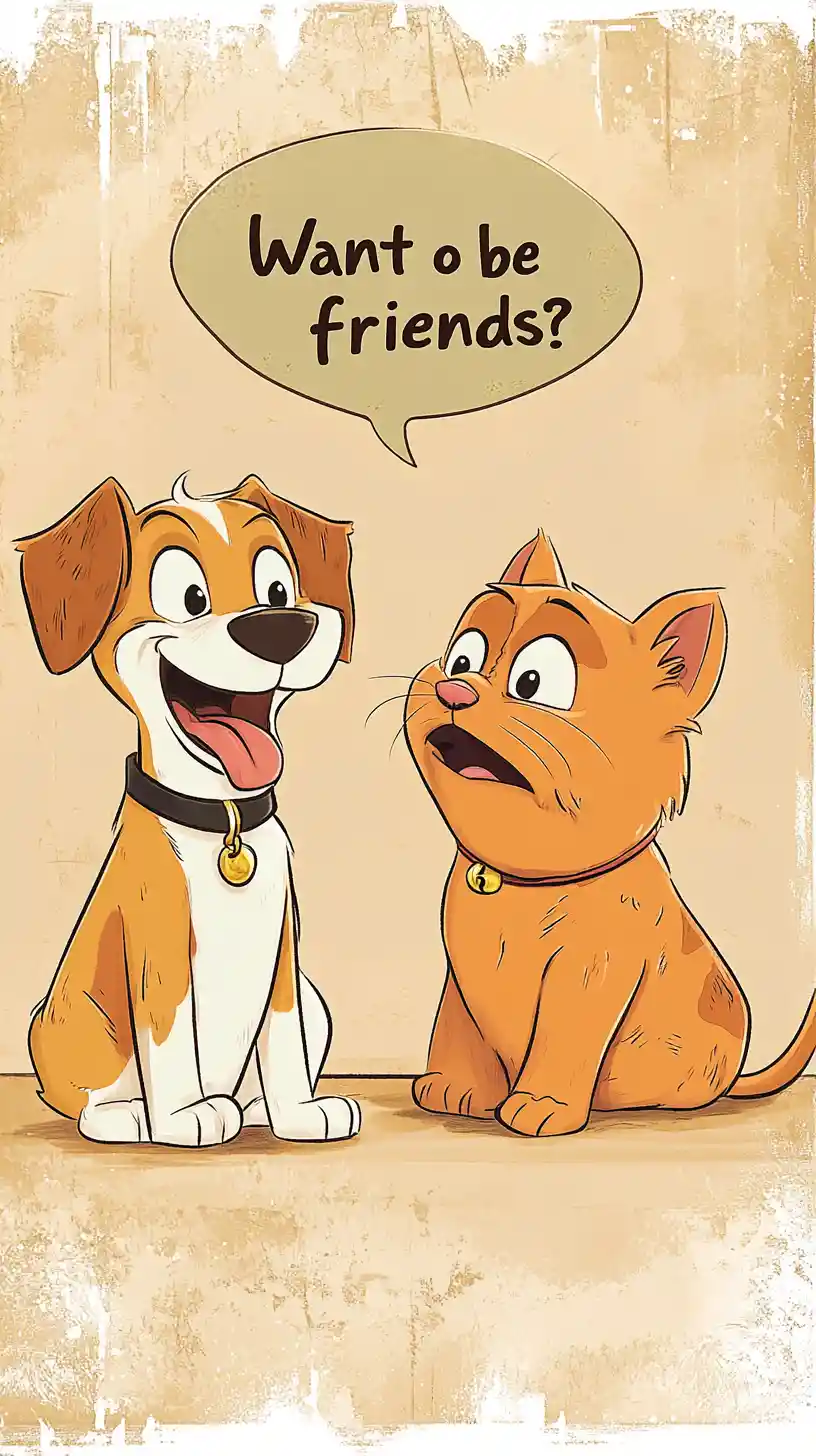 Playful cartoon dog and grumpy cat facing each other
