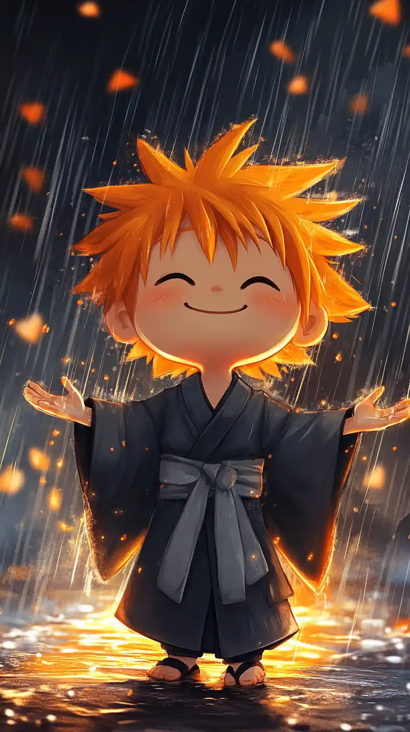 Joyful chibi boy in the rain with glowing backlight